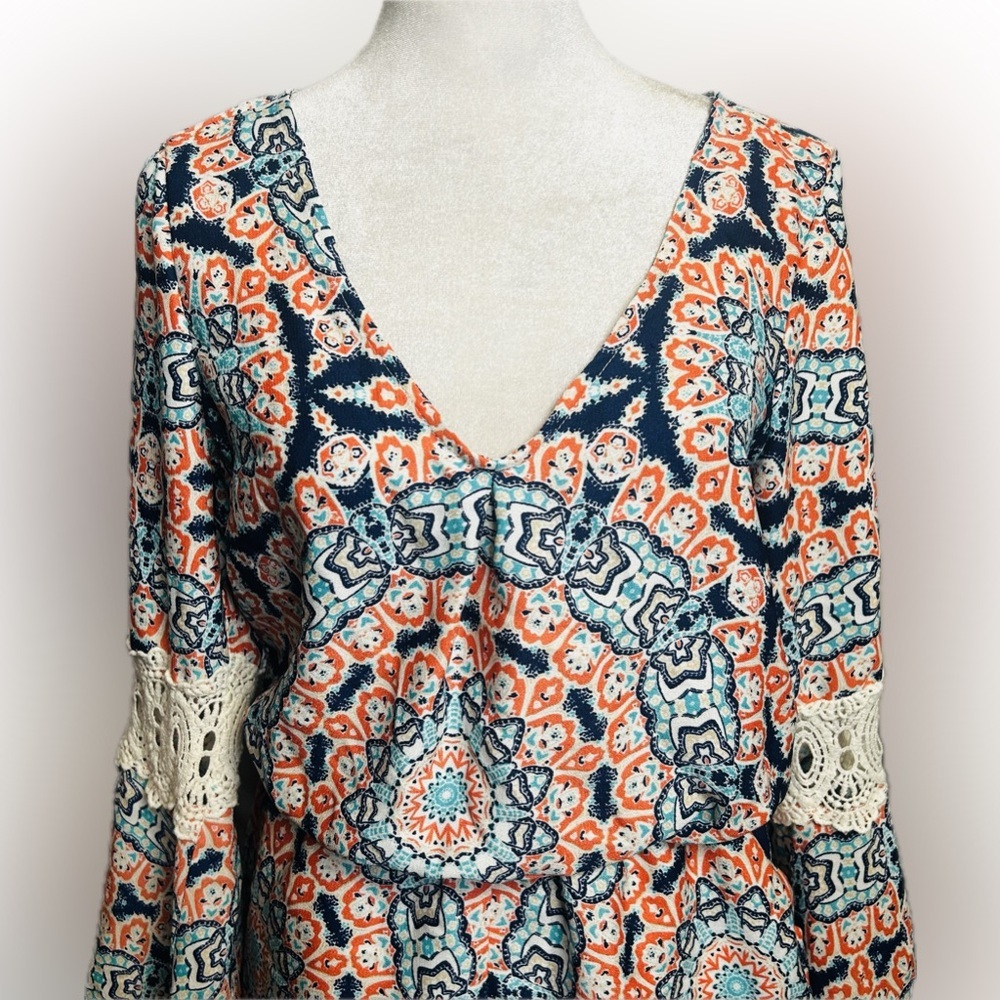My Michelle SZ S Blue/orange boho bell sleeve romper w/lace accents/bust 36” - Picture 7 of 7